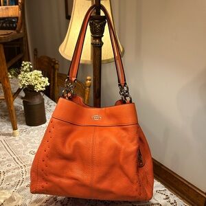 Coach Lexy Vibrant Orange Leather Shoulder Bag with Studs.  With wallet